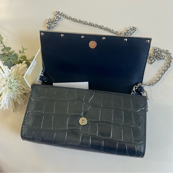 NWT Michael Michael Kors Croco Embossed Silver Hardware Mona Large E/W Clutch - Picture 8 of 16